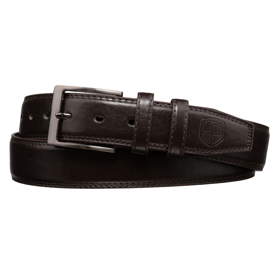 Brązowy, męski pasek ze skóry ekologicznej z tradycyjną klamrą - Peterson