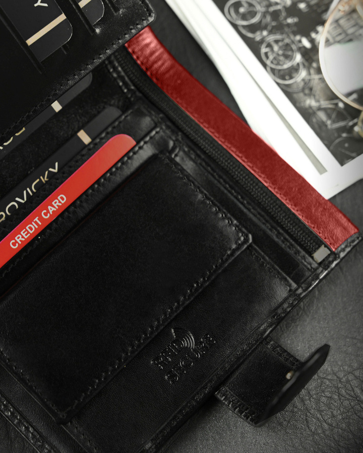 Leather wallet D1072L-VT BLACK-RED RFID