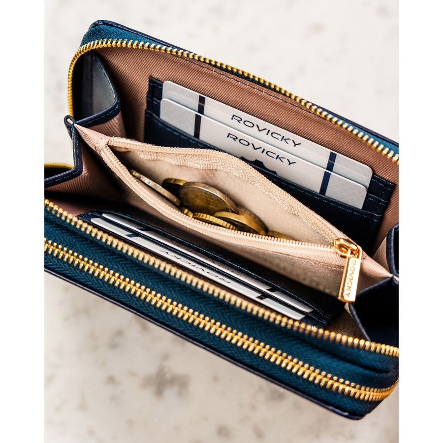 Granatowy portfel-piórnik damski ze skóry ekologicznej zamykany suwakiem - Rovicky