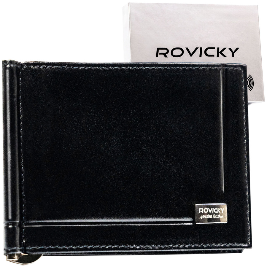 Elegancka banknotówka męska ze skóry naturalnej w czarnym kolorze - Rovicky