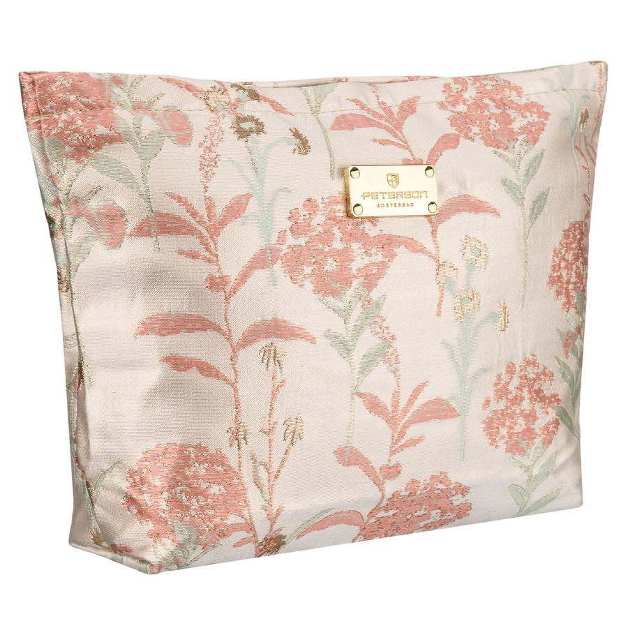Kosmetyczka z materiału syntetycznego w różowo-beżowym kolorze zdobiona kwiatami - Peterson