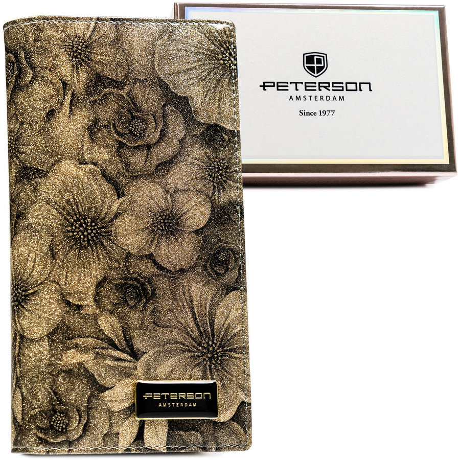 Pionowy, lakierowany portfel damski ze skóry naturalnej i ekologicznej złoty w kwiatowy wzór Peterson 