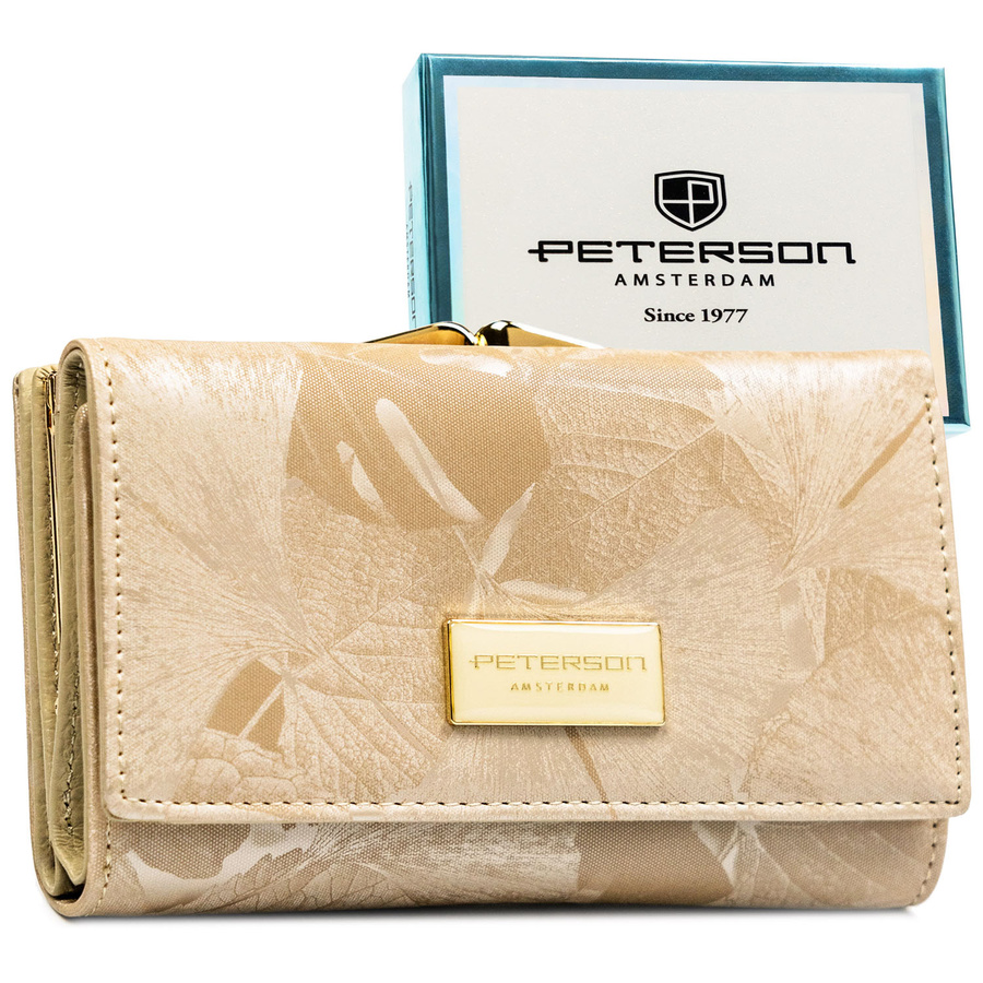 Béžová dámska kožená peňaženka s rastlinným vzorom – RFID ochrana a veľký úložný priestor