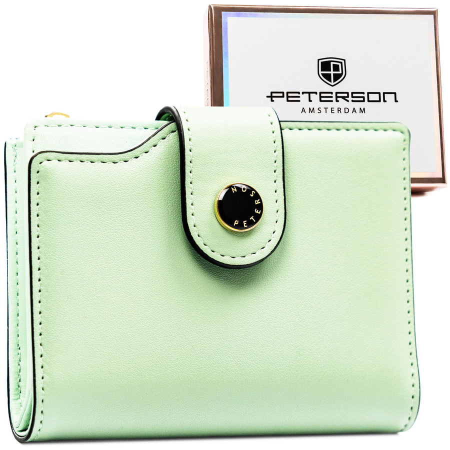Dámska zelená peňaženka z ekologickej kože so zipsom a patentkou – RFID ochrana – Peterson