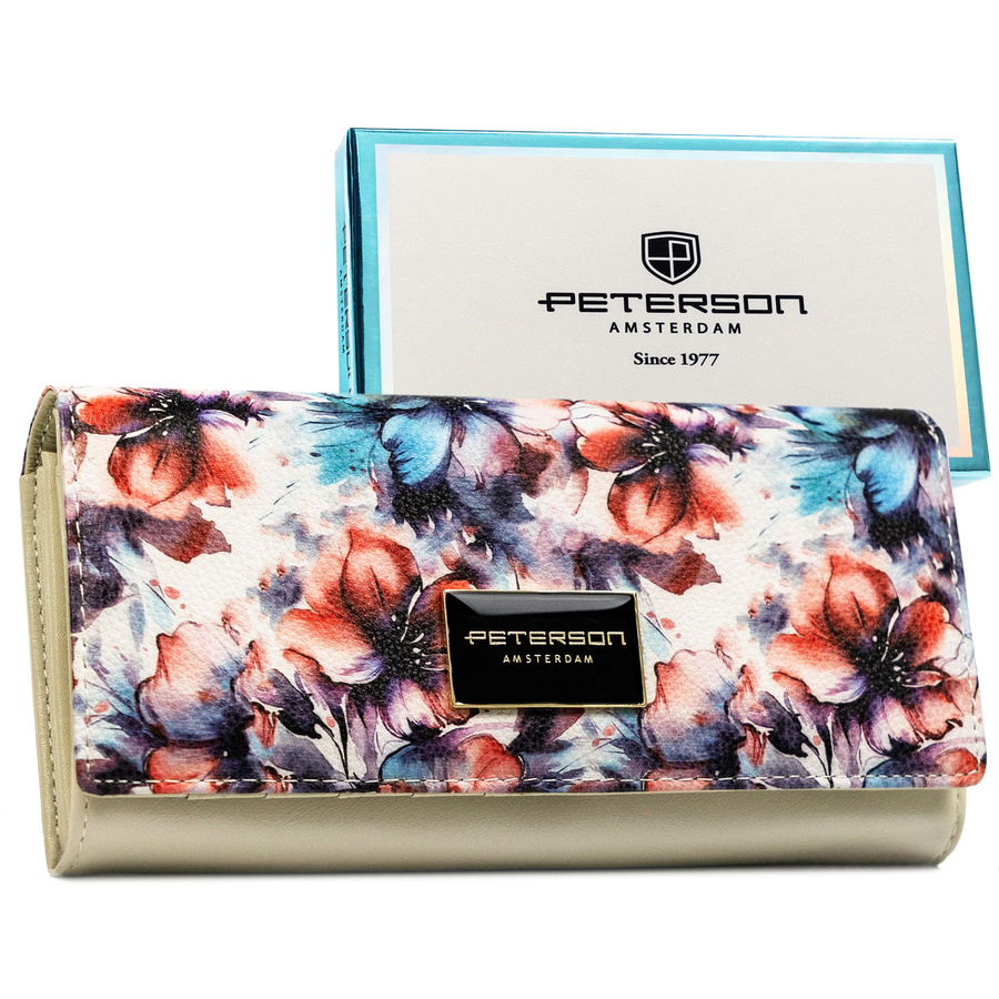 Veľká dámska peňaženka s kvetinovým motívom z kože s RFID a priehradkou na mince - Peterson