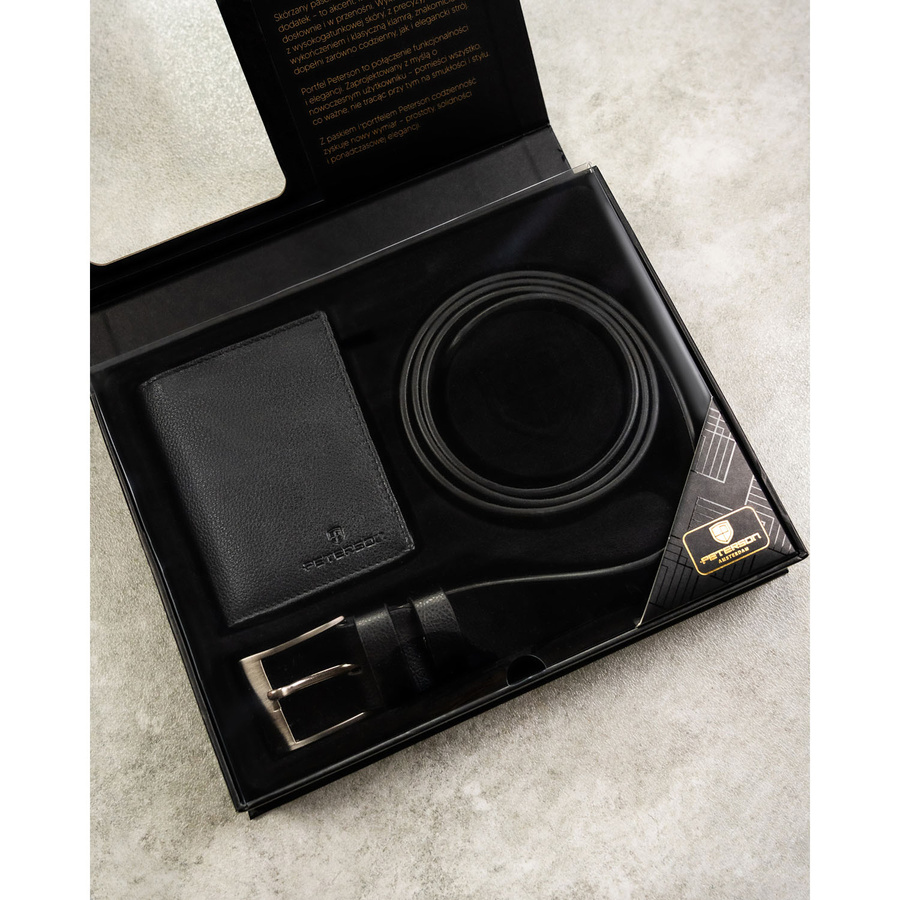 Zestaw prezentowy: skórzany, pionowy portfel męski w czarnym kolorze z systemem RFID i pasek ze skóry ekologicznej - Peterson