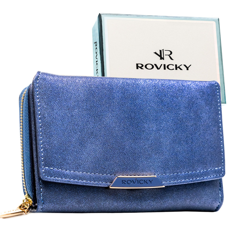 Średni portfel damski ze skóry ekologicznej w granatowym kolorze - Rovicky