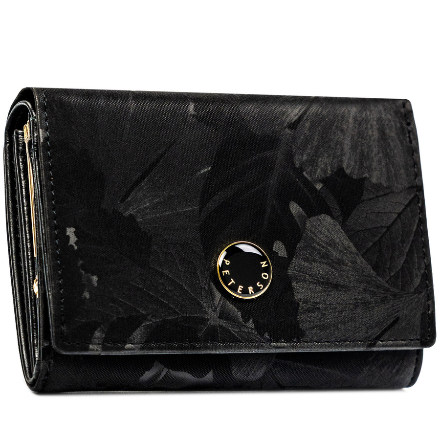 Poziomy portfel damski ze skóry naturalnej i ekologicznej w czarnym kolorze zamykany zatrzaskiem - Peterson