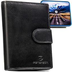 Klasyczny, skórzany portfel męski w czarnym kolorze zamykany zatrzaskiem - Peterson