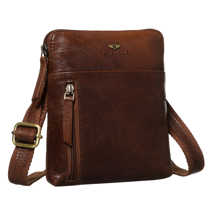 Pánska hnedá kožená crossbody taška s jednou komorou a zipsovým zapínaním