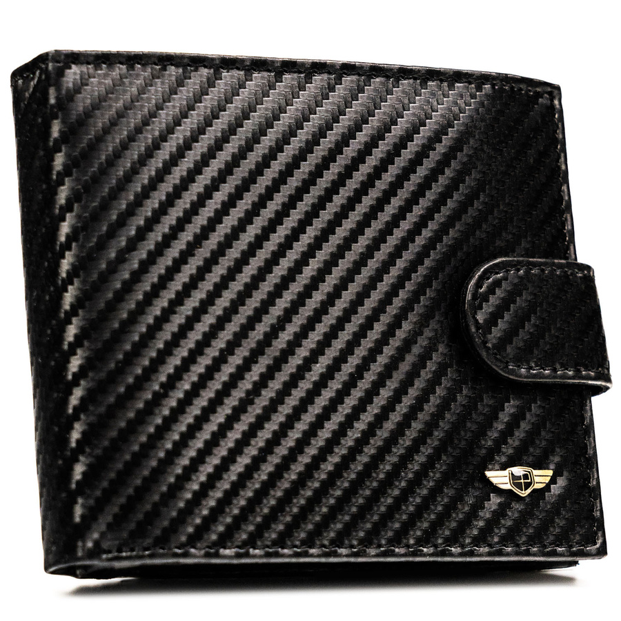 Poziomy portfel męski ze skóry naturalnej w czarnym kolorze wyposażony w system RFID, w zestawie z brelokiem - Peterson