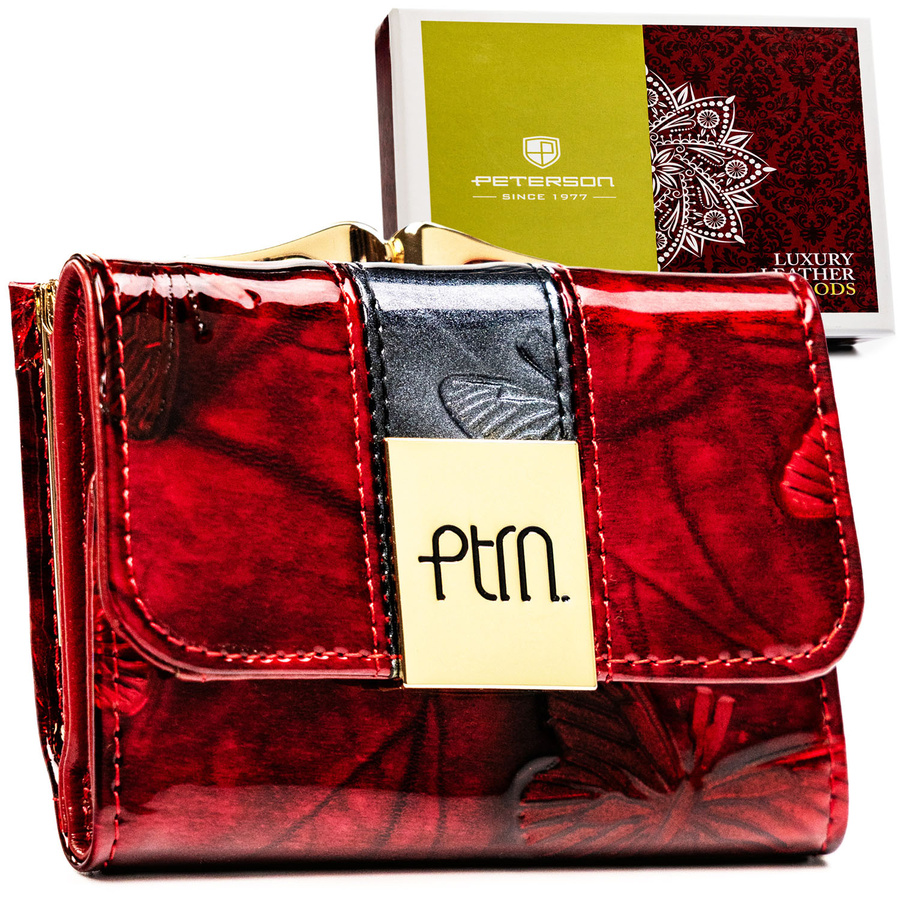 Malá červená dámska peňaženka z prírodnej kože so zapínaním na patent Peterson