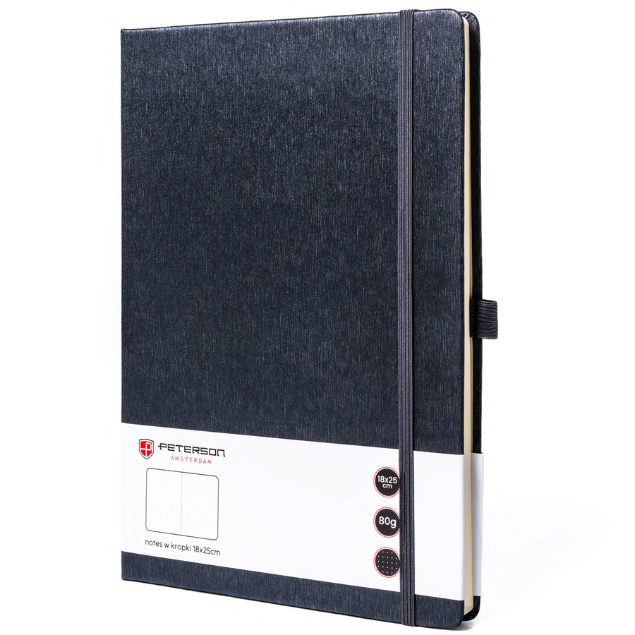 Notes w formacie B5 w szarym kolorze, zadrukowany w kropki i wyposażony w gumkę zamykającą - Peterson