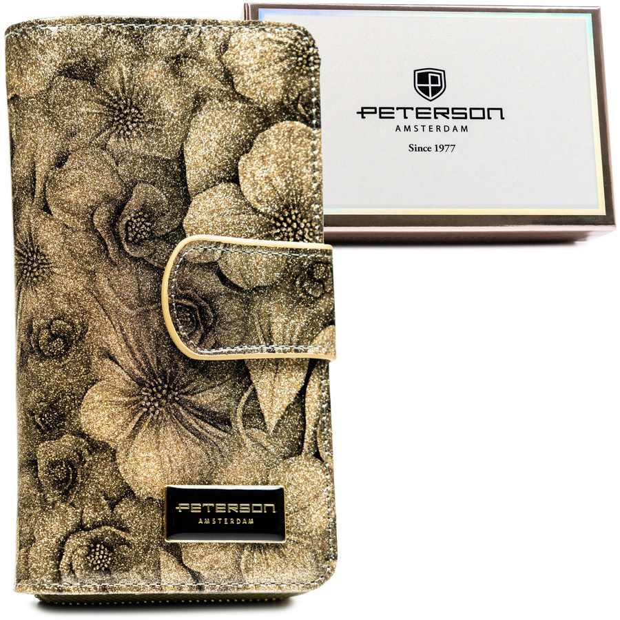Złoty, lakierowany, duży portfel damski z kwiatowym wzorem Peterson
