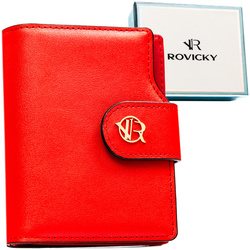 Pionowy portfel damski ze skóry ekologicznej w czerwonym kolorze, zamykany na zatrzask i suwak - Rovicky