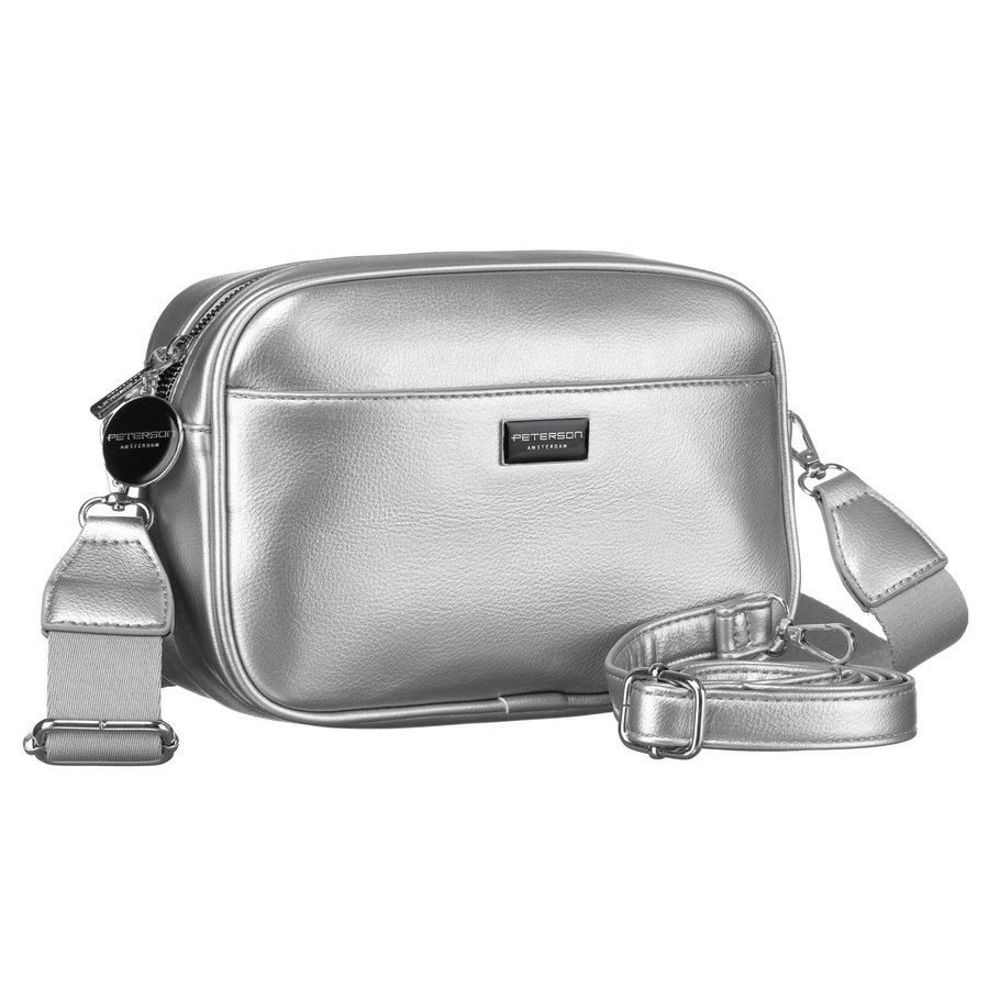 Strieborná dámska crossbody kabelka z eko kože s dvoma popruhmi – Peterson
