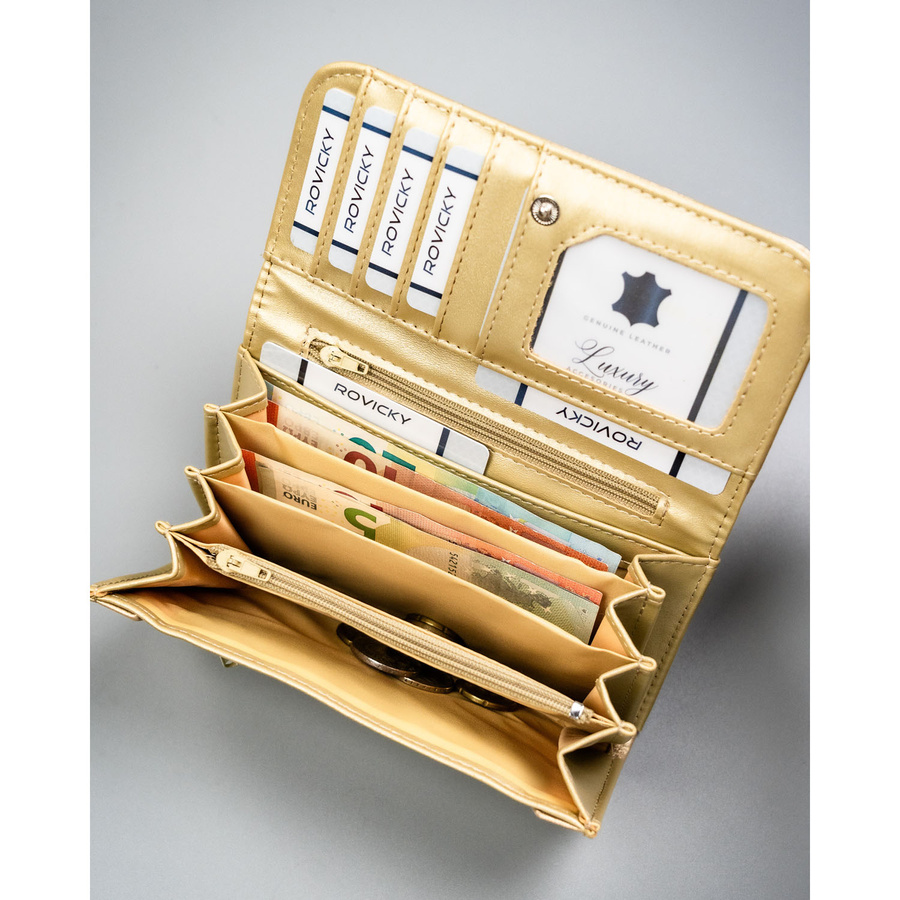 Duży portfel damski ze skóry ekologicznej w złotym kolorze, zamykany zatrzaskiem - 4U Cavaldi