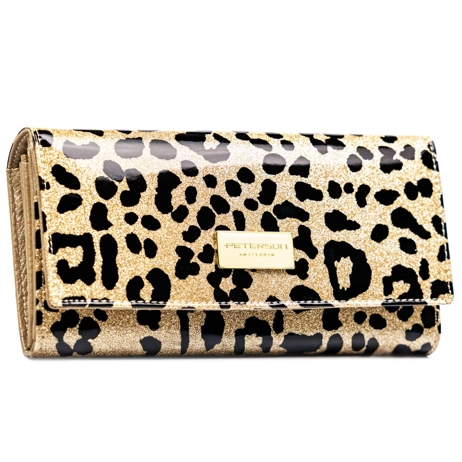 Złoty, duży portfel damski ze skóry ekologicznej i naturalnej w cętki, zamykany zatrzaskiem - Peterson