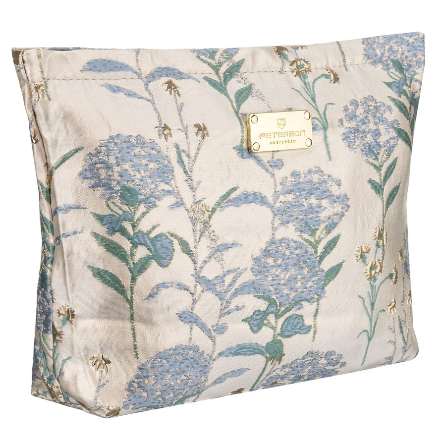 Kosmetyczka z materiału syntetycznego w błękitno-beżowym kolorze zdobiona kwiatami - Peterson