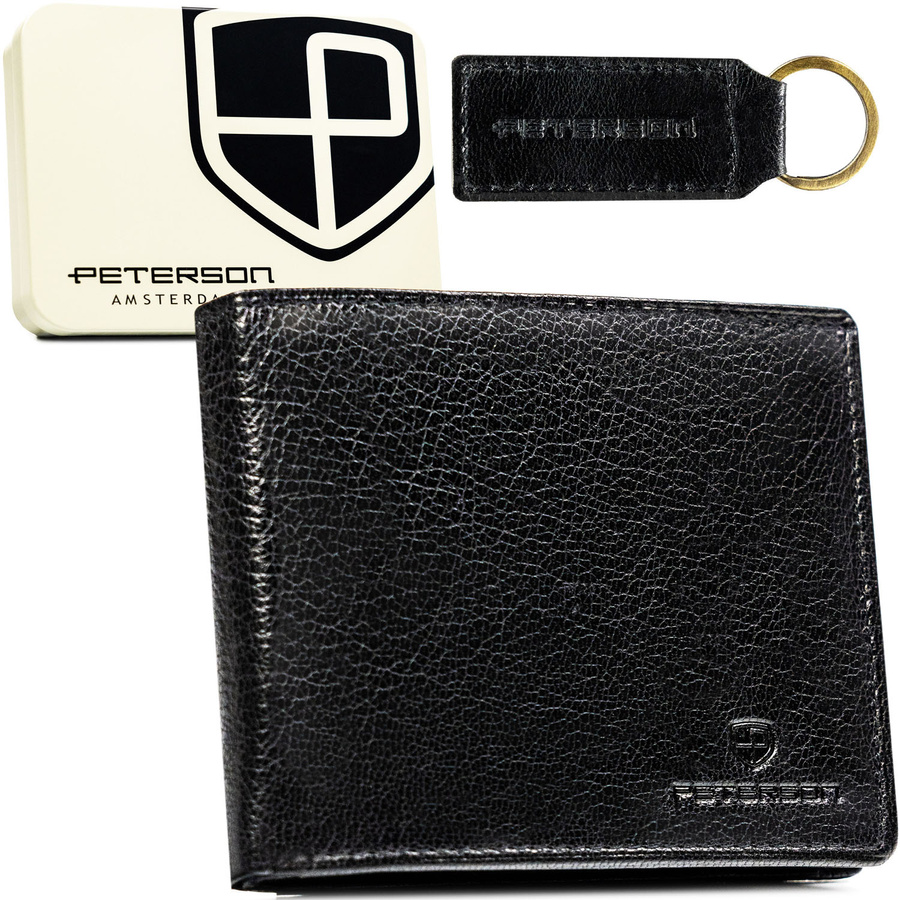 Darčeková sada – čierna pánska kožená peňaženka bez zapínania a prívesok