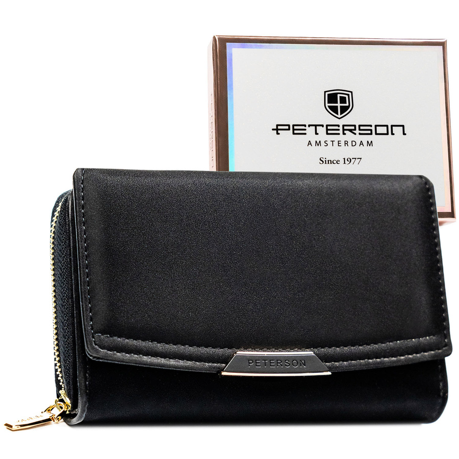 Portfel damski ze skóry ekologicznej w czarnym kolorze wyposażony w system RFID - Peterson