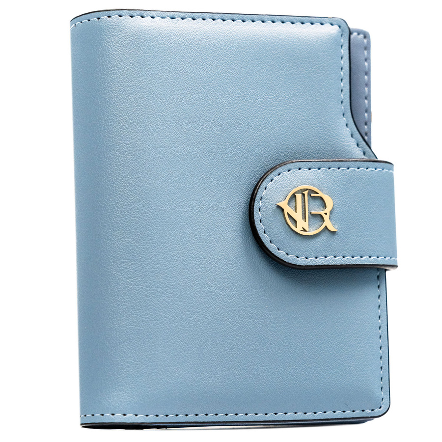 Portfel damski ze skóry ekologicznej w błękitnym kolorze, wyposażony w system RFID - Rovicky