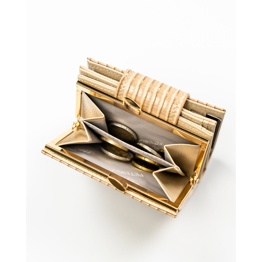 Beżowy portfel damski zamykany na bigiel i zatrzask, pokryty wzorem w plecionkę - Peterson