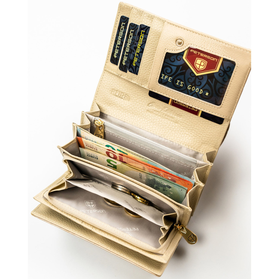 Duży portfel damski ze skóry naturalnej i ekologicznej w beżowym kolorze z zewnętrzną kieszenią - Peterson
