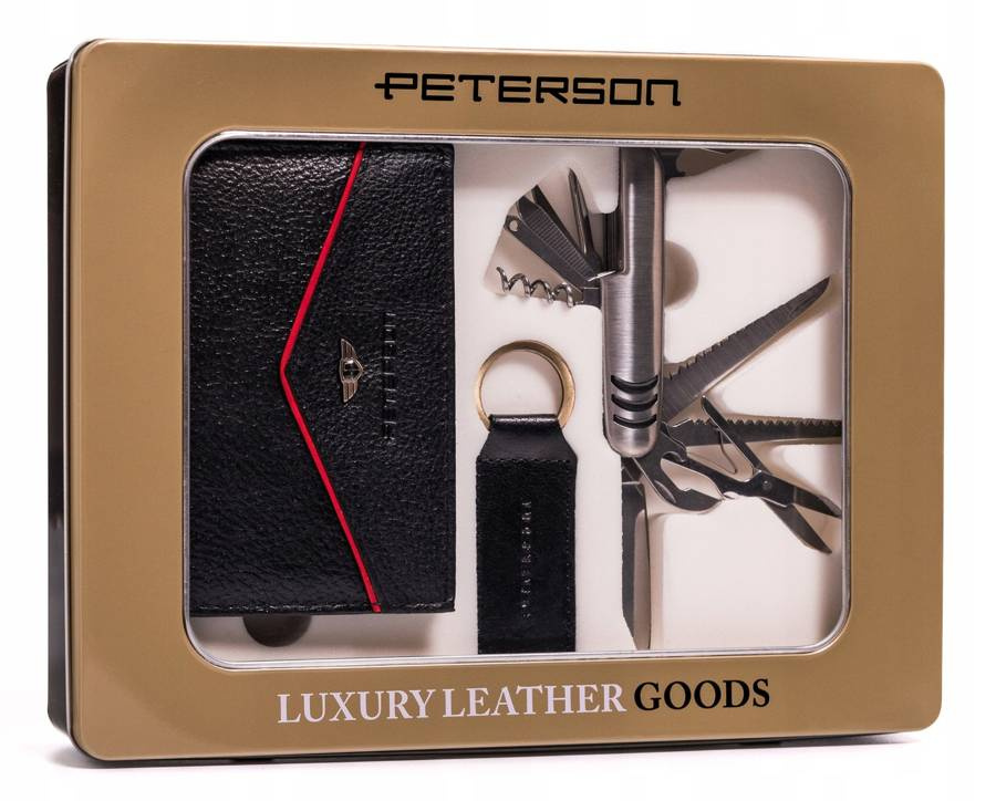 Leather wallet+pocket knife+key ring set PETRSON PTN ZM63