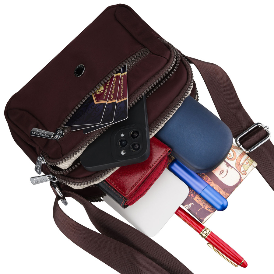 Bordowa listonoszka damska z poliestru zawieszona na regulowanym pasku - Peterson