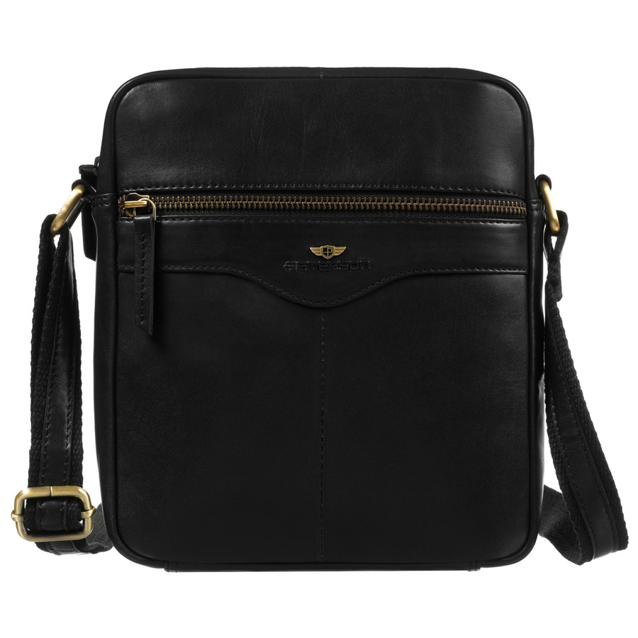 Czarna, skórzana listonoszka męska z kieszonką, zamykana na suwak - Peterson