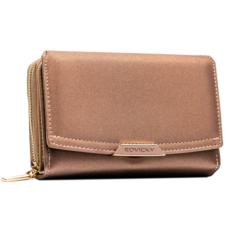 Beżowy portfel damski ze skóry ekologicznej zamykany na zatrzask - Rovicky