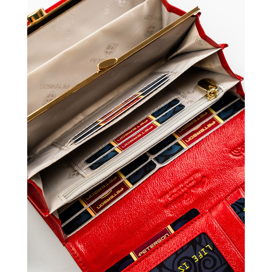Czerwony portfel damski ze skóry naturalnej i ekologicznej zamykany zatrzaskiem - Peterson
