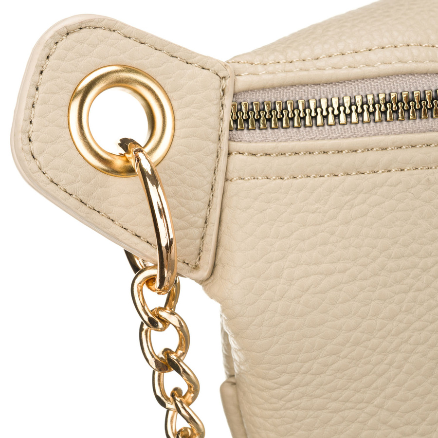 Beżowa saszetka damska ze skóry ekologicznej zamykana suwakiem, zawieszona na regulowanym pasku - Peterson