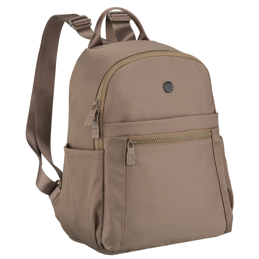 Dámsky malý béžový ruksak z polyesteru, jednokomorový s vonkajšími vreckami