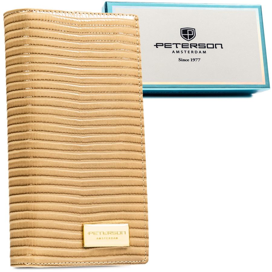 Beżowy portfel damski zamykany na magnes i suwak, zdobiony plecionką - Peterson