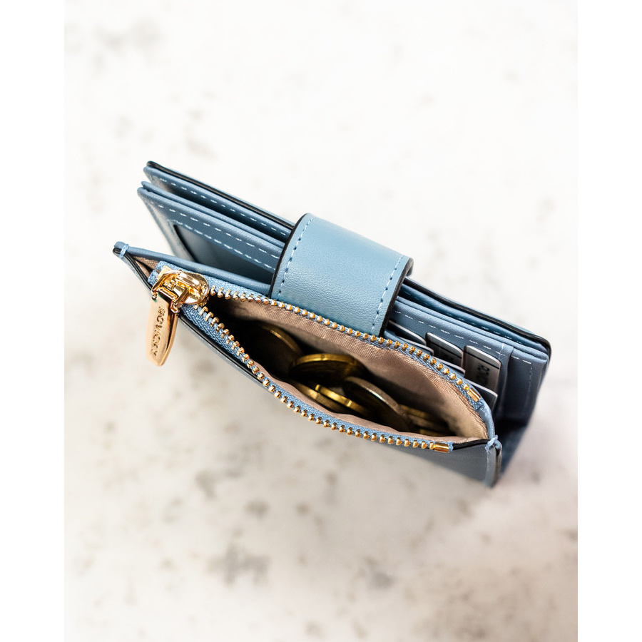 Portfel damski ze skóry ekologicznej w błękitnym kolorze, wyposażony w system RFID - Rovicky