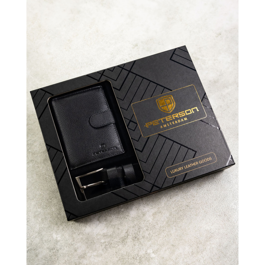 Zestaw prezentowy: skórzany, pionowy portfel męski w czarnym kolorze z systemem RFID i pasek ze skóry ekologicznej - Peterson