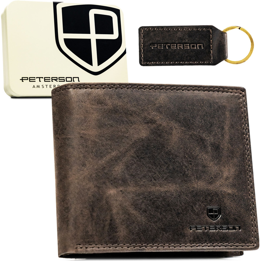 Darčeková sada – hnedá pánska kožená peňaženka bez zapínania a prívesok