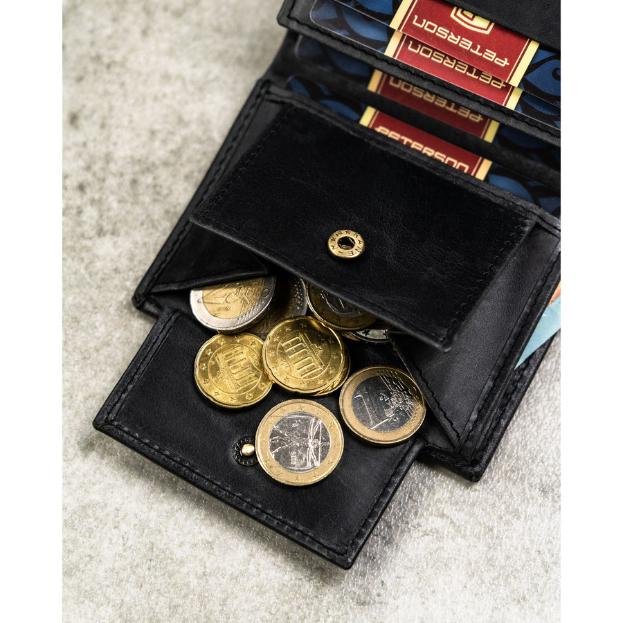 Pionowy, czarny portfel męski ze skóry naturalnej wyposażony w system RFID - Peterson