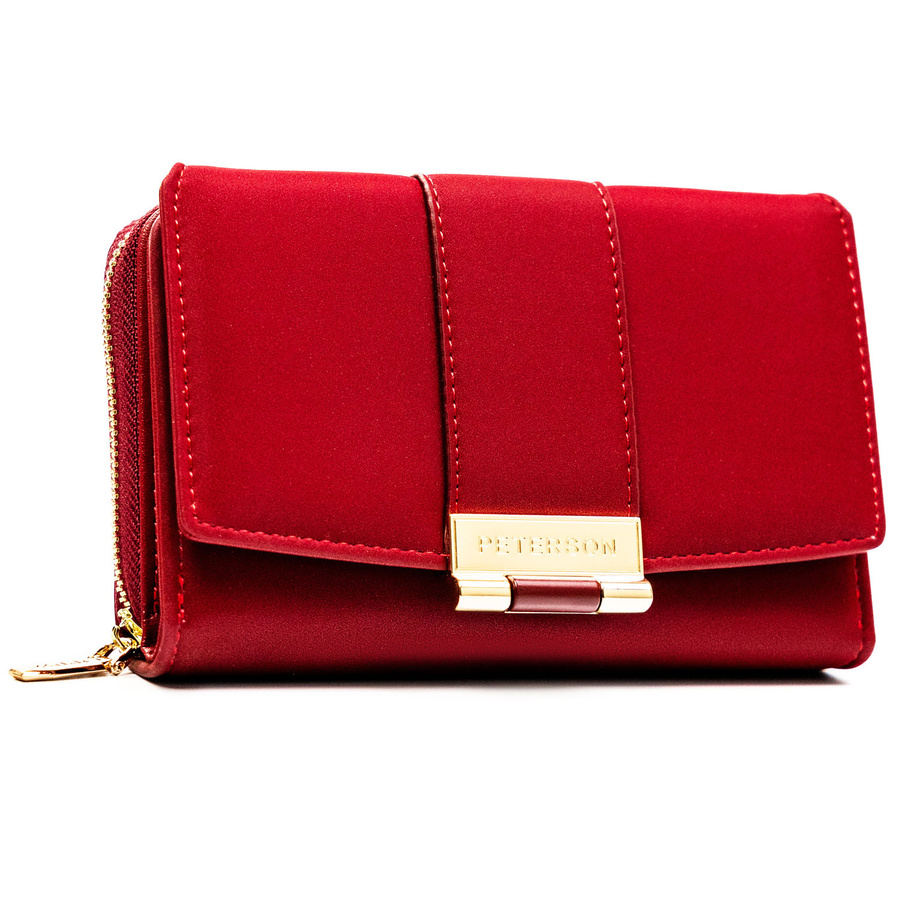 Portfel damski wykonany ze skóry ekologicznej w czerwonym kolorze, model w orientacji poziomej - Peterson