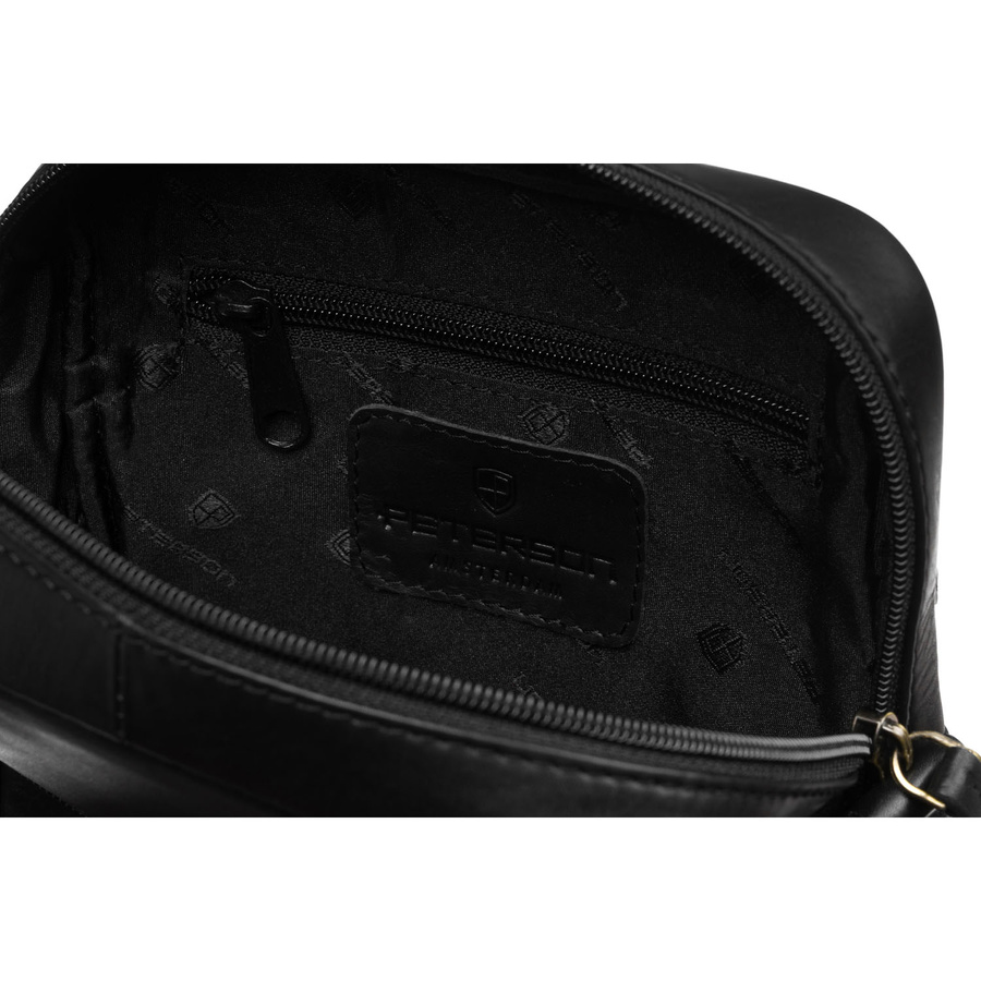 Skórzana, czarna listonoszka męska na złoty suwak w zestawie z saszetką - Peterson