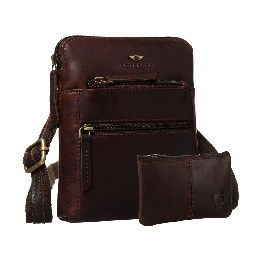 Elegancka, brązowa listonoszka męska ze skóry naturalnej z etui w zestawie - Peterson
