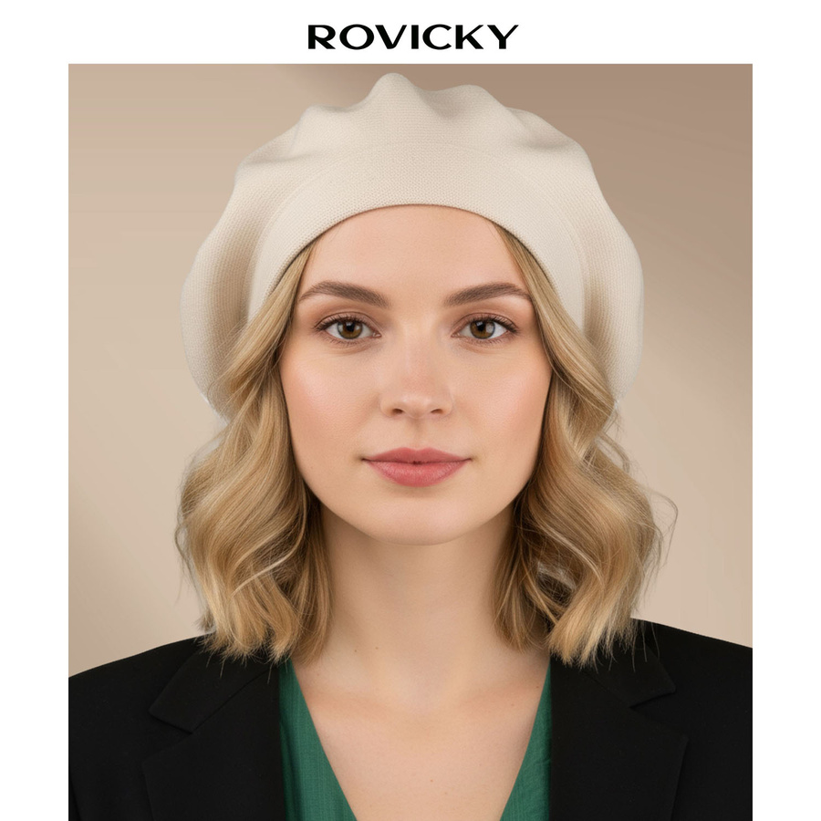 Beżowy, uniwersalny beret damski wykonany z akrylu - Rovicky