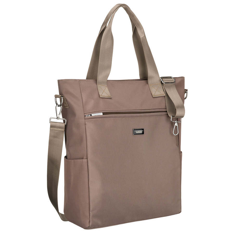 Béžová dámska shopper taška na uchách s odnímateľným popruhom a zipsovým uzáverom