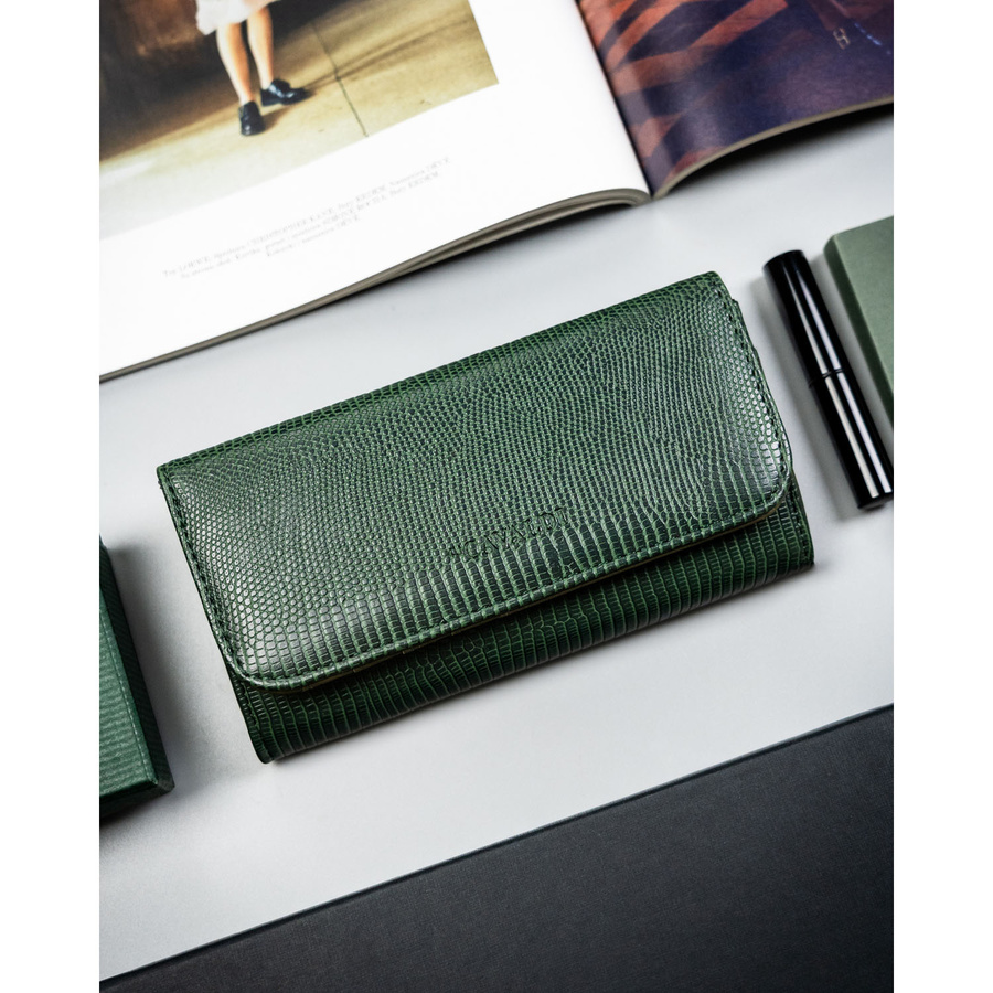 Zielony, poziomy portfel damski ze skóry ekologicznej zamykany zatrzaskiem - 4U Cavaldi