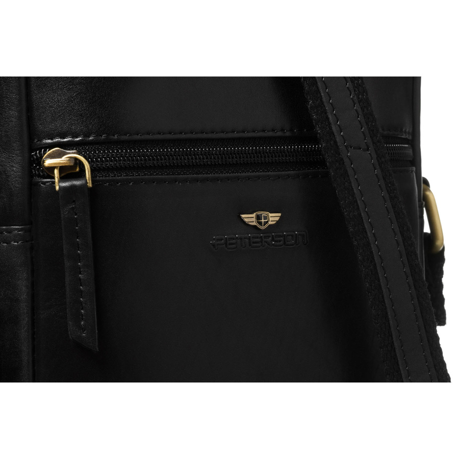 Skórzana, czarna listonoszka męska na złoty suwak w zestawie z saszetką - Peterson