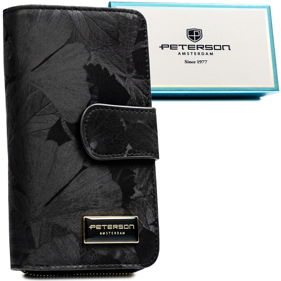 Dámska čierna kožená peňaženka v zvislej orientácii s RFID ochranou a 16 priehradkami na karty