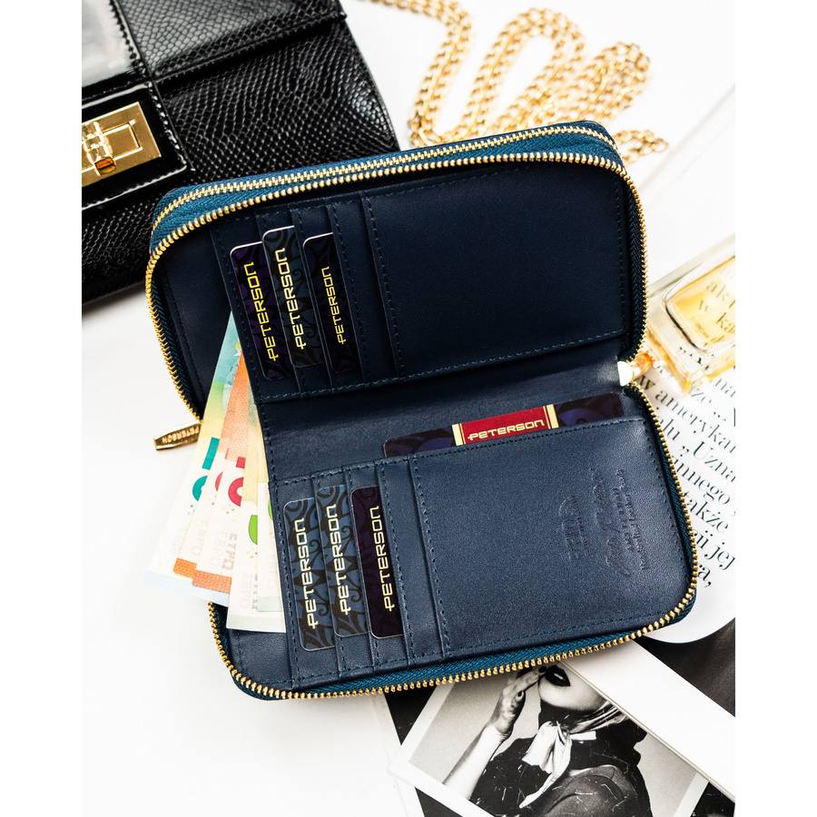Granatowy portfel damski w typie piórnika ze skóry ekologicznej zamykany suwakiem - Peterson