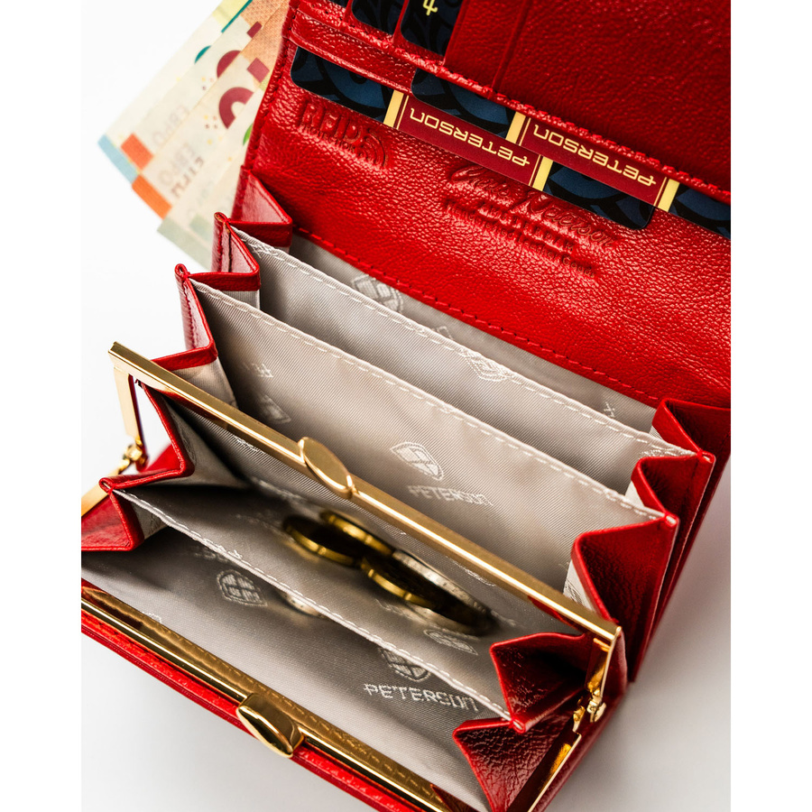 Poziomy, czerwony portfel damski ze skóry naturalnej i ekologicznej zamykany zatrzaskiem - Peterson